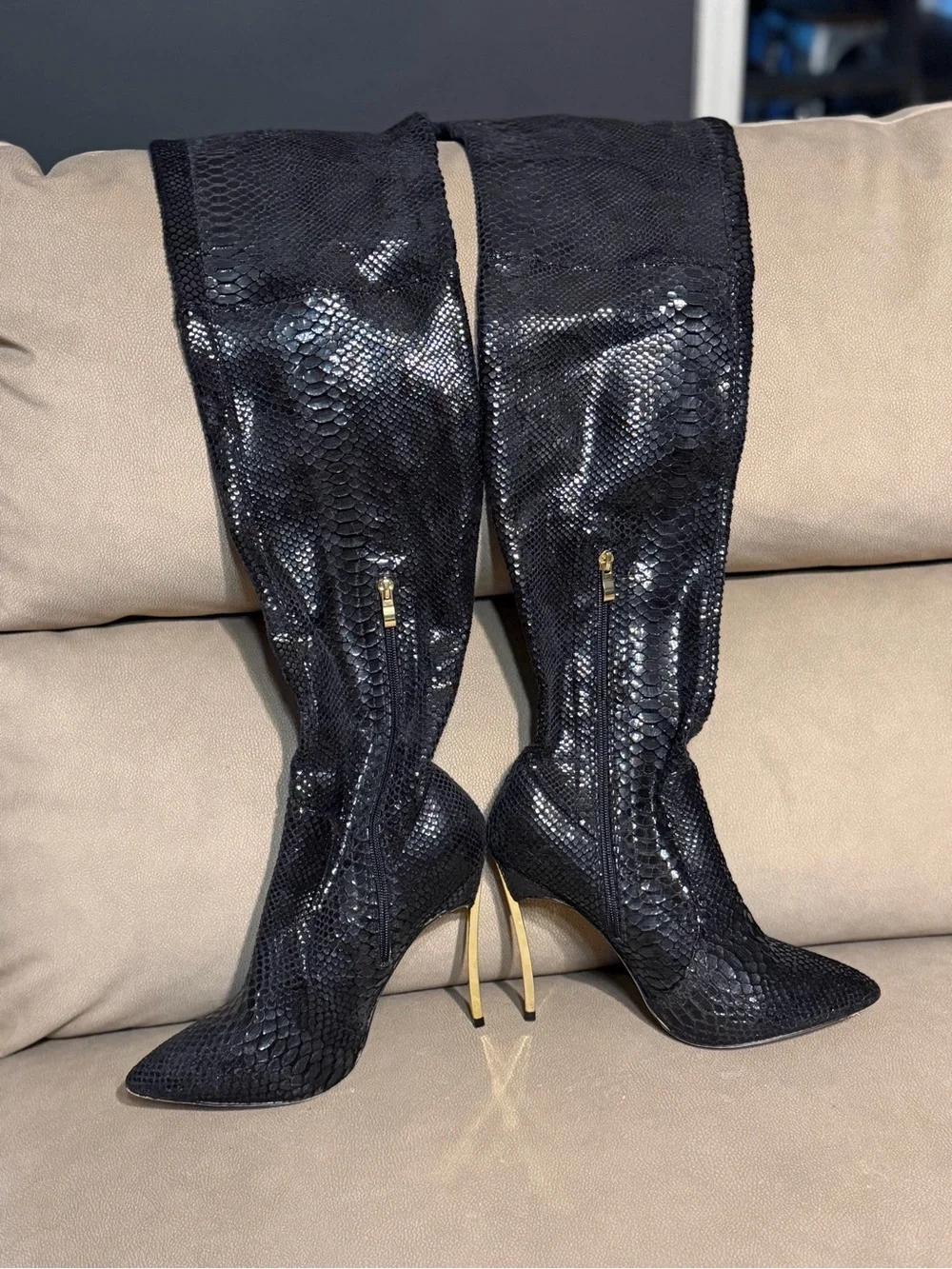 Fashion Nova Black Snake-Embossed Over-the-Knee Stiletto Boots